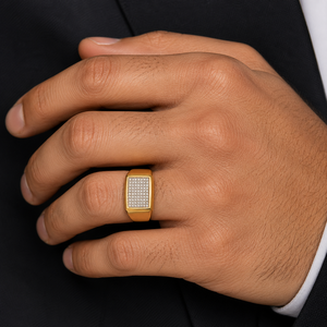 Anillo de Sello Rectangular para Hombre de Oro Amarillo de 18K con Micro Pavé de Circonita Cúbica, Pulido, Anillo de Declaración, Joyería para Boda y Fiesta, Regalo - Product Image 5