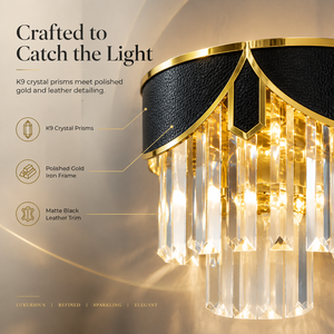 Lámpara de pared moderna de lujo con cristal K9, marco de hierro dorado pulido, ribete de cuero negro, dos enchufes E14 para pasillo de hotel. - Product Image 2