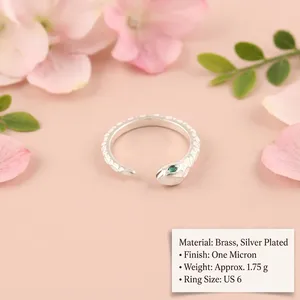 Fashion Christian Women's Snake Design <b>Adjustable</b> <b>Rings</b> Green CZ Eye 18k Silver Plated Brass Statement Minimalist Unique Style - Product Image 1