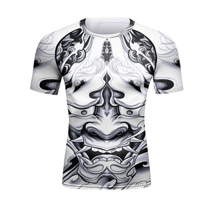 Men's Short Sleeve Rash Guard <b>Compression</b> <b>Shirt</b> Quick Dry Printed Tribal Design <b>White</b> Black MMA Training Top - Product Image 1