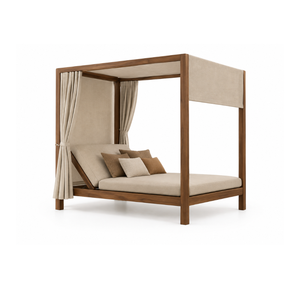 Solid Teak Wood Canopy Bed with Upholstered Cushion Curtains Four Poster Platform Bed for Hotel Resort Villa Bedroom Furniture - Product Image 1