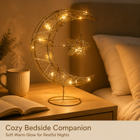 Lampe de table en métal à piles avec LED, strass et forme de croissant de lune, base en fil métallique étoilé et ovale, pour la décoration murale de la maison pendant le Ramadan