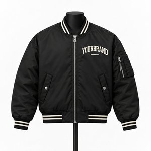Blouson bomber noir pour homme, style varsity, streetwear, décontracté, fermeture éclair, logo personnalisé, vente en gros - Product Image 1