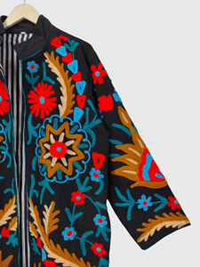 Veste en velours pour femmes grande taille brodée à la main, col châle, manches trois quarts, motif géométrique, manteau long, vêtements d'automne - Product Image 5