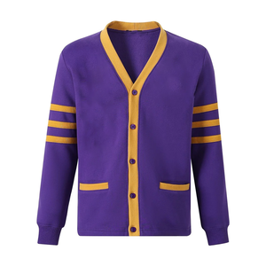 เสื้อคาร์ดิแกนถักไหมพรมสีม่วงทองตัดกัน แขนยาว คอวี ติดกระดุมด้านหน้า สไตล์ลำลอง ทรงปกติ ใส่ได้ทุกฤดู โดย Tiki Taka Sports - Product Image 1