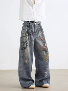 Jeans de mezclilla con estampado 3D de High Street, de pierna ancha y corte recto, estilo vintage, para hombre - Product Image 1