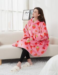 <b>Pink</b> Strawberry Printed Plush Wearable <b>Blanket</b> Hooded Full Length Soft Cozy One Piece Sleepwear - Product Image 5