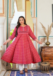 Women's Plus Size Rayon Anarkali Kurti <b>Red</b> Floral Printed Round Neck Comfortable Daily Wear <b>Flared</b> Fit Design Style - Product Image 3