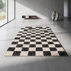 Handwoven Anti-Slip Medium Pile Wool <b>Rug</b>-<b>Black</b> <b>and</b> <b>Cream</b> Solid Color Modern Loop Pile Area <b>Rug</b> with Cotton Canvas Backing - Product Image 4