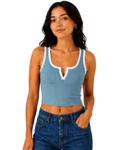 Débardeur court côtelé bleu ardoise pour femme, col en V, coupe ajustée, sans manches, avec bordure blanche, en coton extensible, style décontracté d'été, haut tendance pour femme - Product Image 1