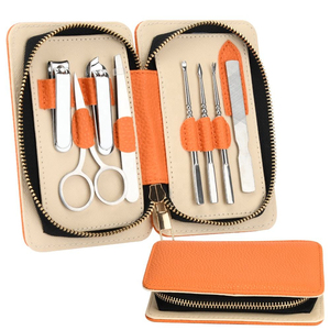 Ensemble de soins professionnels 8 pièces, kit de manucure et pédicure avec coupe-ongles 4 en 1, acier inoxydable de qualité supérieure, finition or rose, sac - Product Image 1