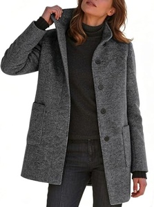 Abrigo Midi de Lana para Mujer, Cuello Alto, Manga Larga, Color Sólido, Cierre de Botones, Cálido, Ropa de Invierno, Estilo Casual - Product Image 2