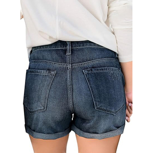 Shorts de mezclilla índigo desgastados para mujer, shorts vaqueros de cintura alta rasgados, pantalones cortos de mezclilla casuales de verano con dobladillo con vuelta, sexys y a la moda. - Product Image 3