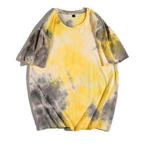 T-shirt tie-dye jaune et gris pour homme, impression personnalisée, manches courtes, coton, décontracté, surdimensionné, vintage, streetwear - Product Image 1