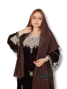 Ensemble de luxe 2 pièces AWAIS HOUSE : Kaftan Abaya Caftan pour femme, modeste, simple, en velours uni, perlé, longueur ras du sol, coupe trapèze - Product Image 4