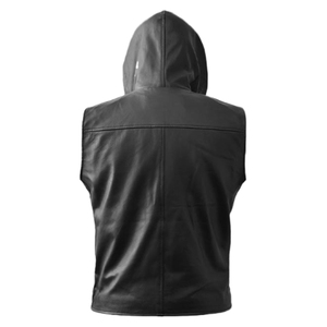Custom Men's Black Hooded Leather Vest Biker Motorcycle Sleeveless <b>Jacket</b> Punk <b>Gothic</b> PU Waistcoat Zipper Buckles Slim Fit Gilet - Product Image 5