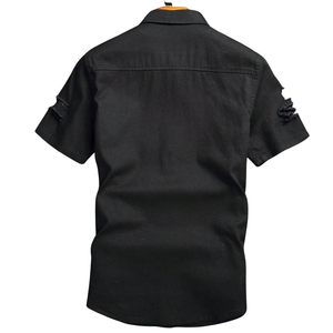 Chemise en jean noir déchiré pour homme, manches courtes, boutonnée, décontractée, été, 100 % coton sergé, lavée, coupe classique, respirante - Product Image 2