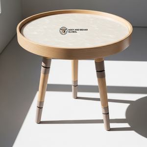 Artisan Tripod Wooden <b>Stool</b> Luxury Cream Marble-Effect Side <b>Table</b> Modern Tapered Leg Accent Furniture - Product Image 1