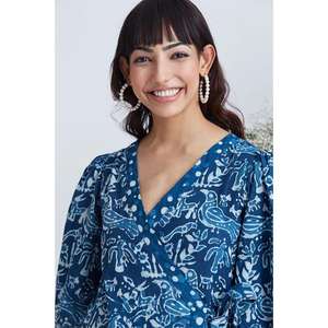 Vestido midi azul estampado para mujer, vestido de fiesta informal con cuello en V y media manga - Product Image 3