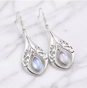 Pendientes Colgantes de Plata de Ley 925 con Piedra Lunar Arcoíris Natural, Diseño de Lágrima, Hechos a Mano, Filigrana, Joyería Boho con Gemas para Mujer - Product Image 4