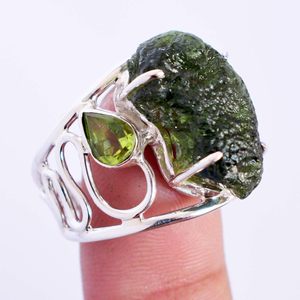 New Bohemian Style 925 Sterling Silver <b>Ring</b> With Natural <b>Green</b> Moldavite Stone & Peridot Gemstone For Everyday Wear Fine Jewelry - Product Image 4