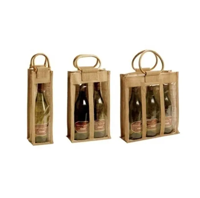 Paramount saco de vinho personalizado, janela transparente, juta, eco, presente de natal, garrafa de vinho, com alça de bambu, bolsa transportadora de garrafas