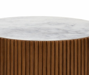 Mesa de Centro Moderna de Estilo Tambor Redondo, Elegante Base de Madera con Textura Acanalada Vertical, con Tapa de Mármol Blanco Liso - Product Image 5