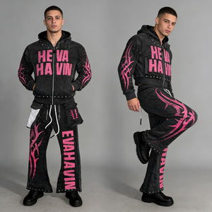 Sudadera con capucha y cremallera completa Heva Havin para hombre, con estampado de llamas en negro y rosa, estilo urbano, corte holgado, para otoño - Product Image 1