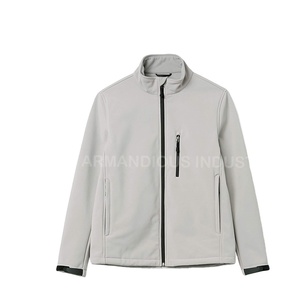 Manteau de sports d'hiver à coquille souple pour hommes avec col à capuche, fermeture à glissière en tissu clair de couleur unie pour le printemps et l'automne - Product Image 1