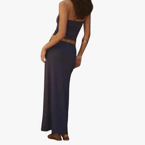 Conjunto de Top Corto sin Tirantes con Falda Maxi con Cinturón para Mujer, Color Sólido, Informal, Verano, Playa, Top Corto Transpirable - Product Image 2