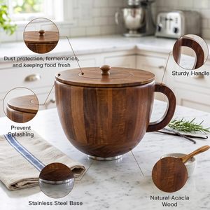 Natural Deep Acacia Wooden Mixing <b>Bowl</b> <b>with</b> <b>Lid</b> and Handle Attachment For Stand Mixer Wood <b>Serving</b> Container <b>Bowl</b> Kitchen Decor - Product Image 4