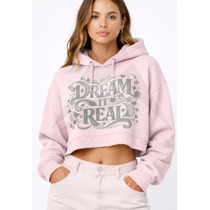 เสื้อฮู้ดครอปสีชมพูสำหรับผู้หญิง พิมพ์ลาย Dream It Real สไตล์ลำลอง มีกระเป๋า เหมาะสำหรับใส่ในฤดูใบไม้ร่วง - Product Image 1