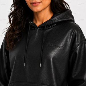 Tiierwear <b>Women's</b> <b>Black</b> Leather <b>Hoodie</b> Oversized Pullover with Front Pockets Embossed Logo Autumn Streetwear Style - Product Image 6