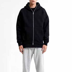Sudadera con Capucha Negra para Hombre, Cierre de Cremallera, Corte Regular, Color Sólido, Informal, 100% Algodón, Felpa Francesa, para Otoño - Product Image 1