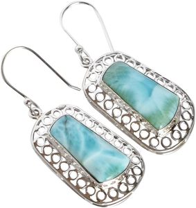 Nouvelles boucles d'oreilles pendantes vintage en argent sterling 925 avec pierre de larimar naturelle sertie en clos pour femme, bijoux fins pour tous les jours - Product Image 4