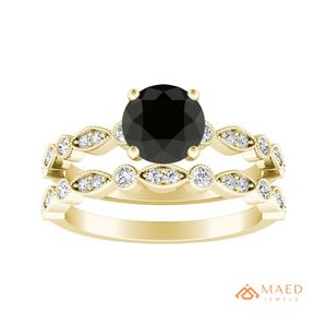 Ensemble de bagues de fiançailles plaqué or avec moissanite noire taille ronde pour femme, avec halo, alliance de mariage assortie, cadeau d'anniversaire - Product Image 1