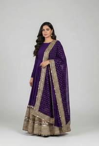 Purple Embroidered Chiffon <b>Shawl</b> With Gold Trim Traditional Ethnic Wear For Women India Pakistan <b>Wedding</b> Engagement - Product Image 5