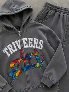 Triveers Rainbow Crystal Premium Grey Zip Hoodie & Wide Leg Sweatpants Tracksuit Set – Luxury Streetwear 2026 - Product Image 2