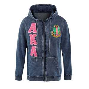 Sudadera con capucha de mezclilla AKA Chenille Dark Washed con cremallera completa, unisex, con letras griegas bordadas, estilo streetwear premium, informal. - Product Image 1