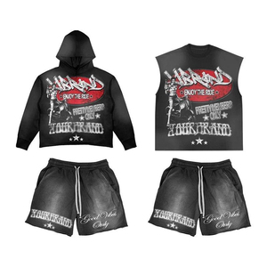 Men's Two-Piece <b>Knitted</b> Cotton Acid Wash Short <b>Set</b> Sleeveless Men's T-Shirt Raw Edge Sweat Shorts for Summer Formal 3D Pattern - Product Image 1