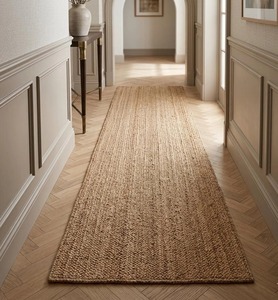 Tapis de couloir rectangulaire en jute tressée beige naturel antidérapant style classique à poils ras tissage plat - Product Image 1