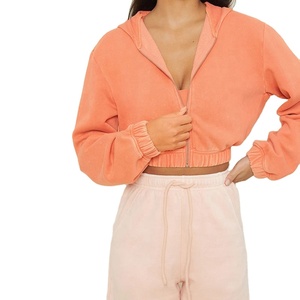 Sweat à capuche avec logo personnalisé pour femmes Streetwear en éponge à la française Haut court uni avec fermeture éclair complète Sweat à capuche en coton pour femmes - Product Image 1