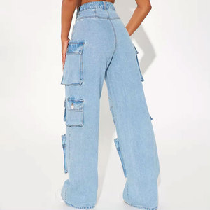 High Quality Women Cargo Denim Jeans Multi Pocket Design High Waisted Baggy Fit Light Blue Cotton Fabric Casual Utility Wear - Product Image 2
