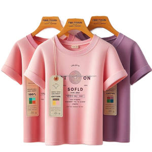 Camisetas de algodón tejidas a medida para niñas, camisetas informales de manga corta con cuello redondo y logotipo impreso, colores lisos, OEM al por mayor - Product Image 2