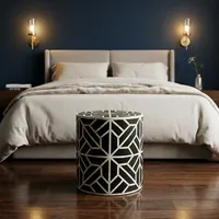 Table d'appoint en bois artisanale avec incrustation de os à motif géométrique, meuble décoratif pour salon et chambre à coucher