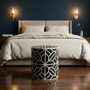 Mesa Auxiliar de Madera Hecha a Mano con Incrustaciones de Hueso, Patrón Geométrico, Mueble Decorativo para Sala de Estar o Dormitorio - Product Image 6