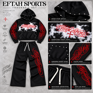 ชุดวอร์มสีดำ Eftah Sports สไตล์สตรีทแวร์ เสื้อฮู้ดดี้และกางเกงขายาวแบบหนา ตกแต่งด้วยหมุดสีเงิน ราคาขายส่ง รับผลิตแบบ OEM ปรับแต่งได้ - Product Image 5