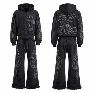 Survêtement noir à capuche pour homme, imprimé intégral motif moto, coupe ample, style streetwear, pour l'automne, fermeture éclair, poches latérales - Product Image 1