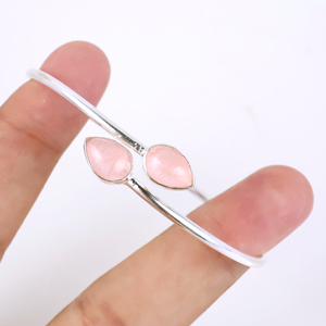 Wholesale Handmade 925 Sterling Silver Plated Natural Rose Quartz Gemstone Two <b>Stone</b> Teardrop Bypass Bangle <b>Bracelet</b> Elegant - Product Image 6