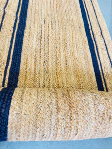 Natural Tan Handwoven Jute <b>Runner</b> <b>Rug</b> Blue Border Boho Farmhouse Hallway Entryway Custom Size Neutral Floor <b>Runner</b> Carpet - Product Image 3